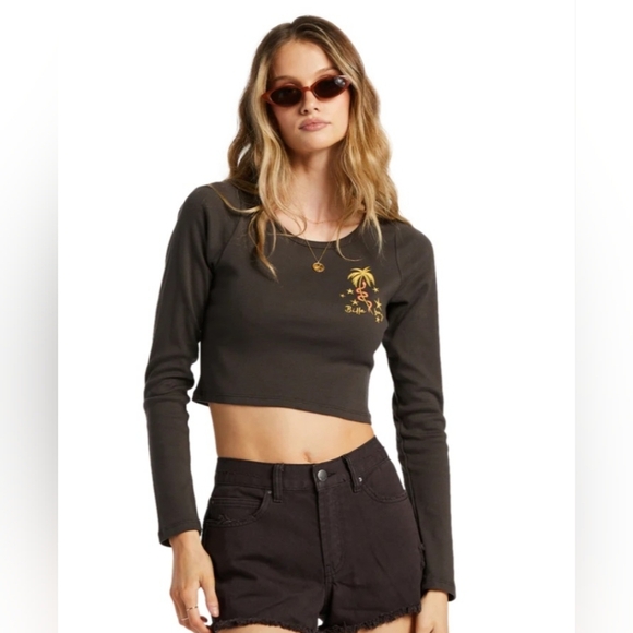 Billabong In The Tropic Top In Off Black Crop Top Long Sleeve Crewneck Size Med - Picture 3 of 13